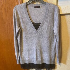 Dex Heather Gray V-Neck Sweater with Black Lace